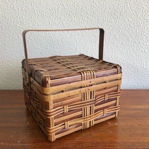 vintage square wicker basket with bamboo handle